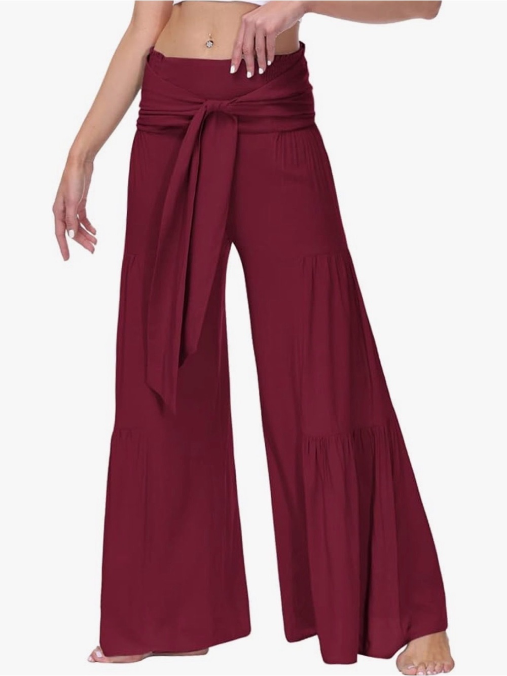 Wide-Leg Tie-Waist Palazzo Pants - Burgundy- M